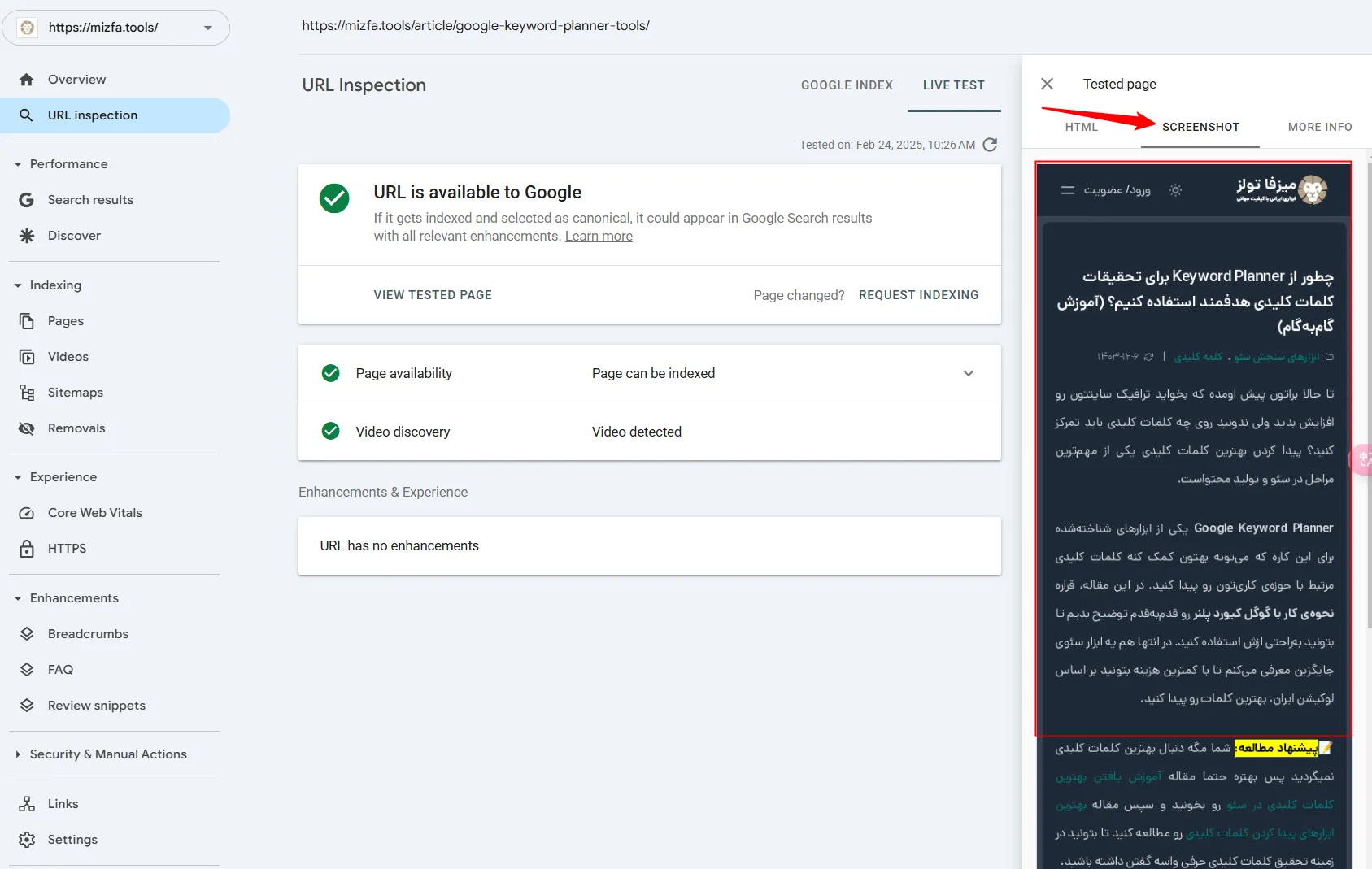 دیدن اسکرین شات سایت از طریق url inspection 