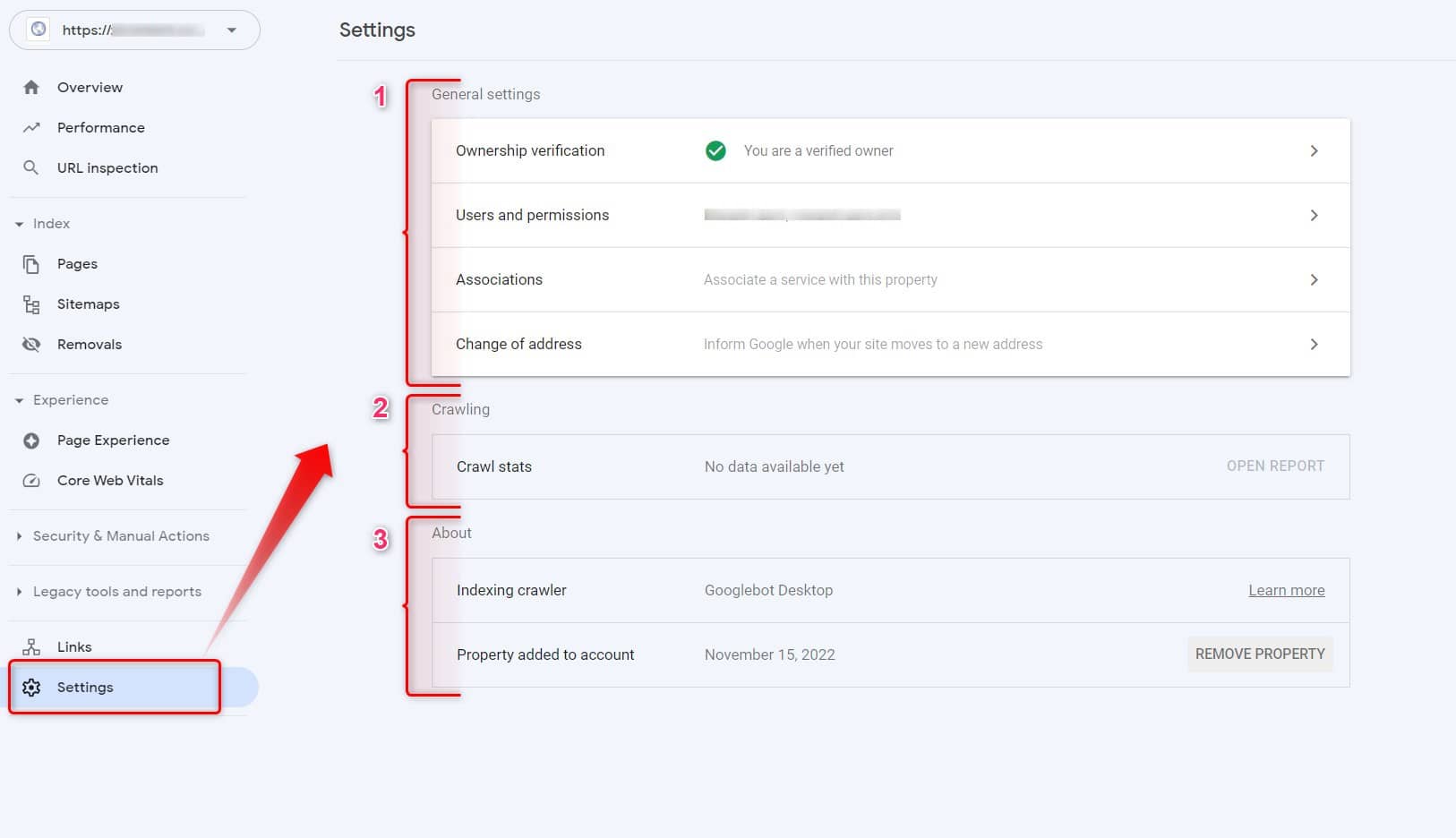 بخش تنظیمات Settings در گوگل سرچ کنسول