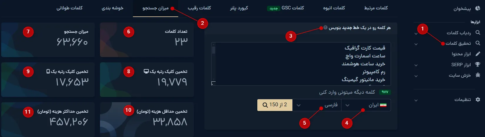 مراحل ورود کلمات و تحلیل حجم جستجو در ابزار تحقیق کلمات میزفا تولز