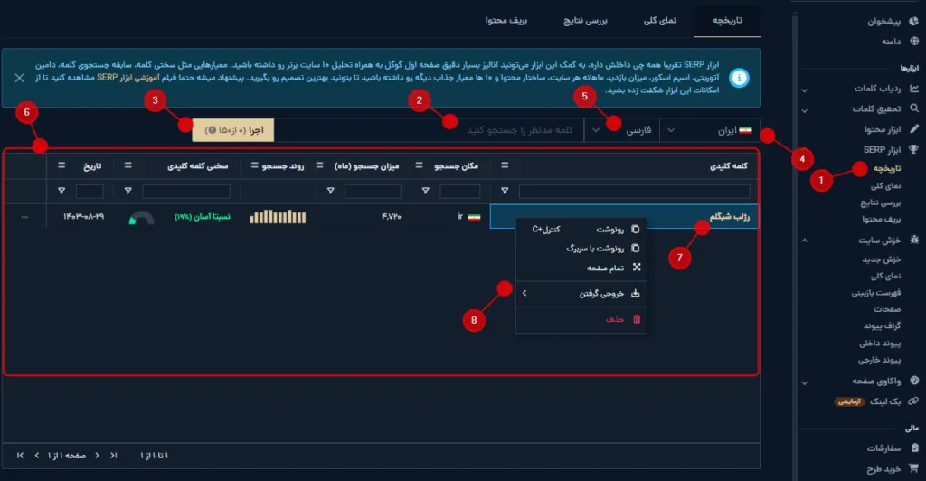 تاریخچه کلمات جستجوشده در ابزار SERP میزفا تولز