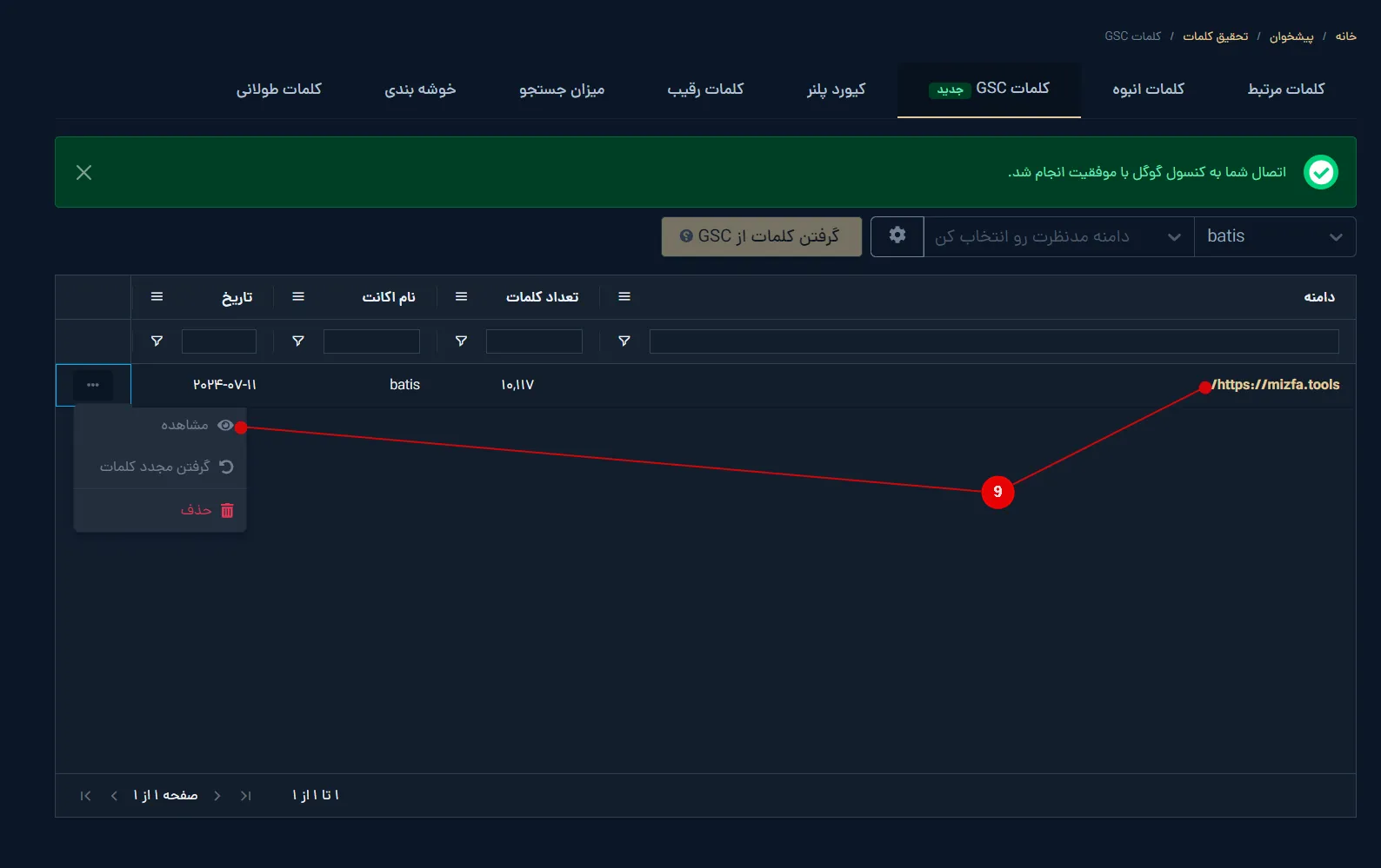 مشاهده فهرست کلمات استخراج‌شده دامنه در ابزار تحقیق کلمات میزفا تولز
