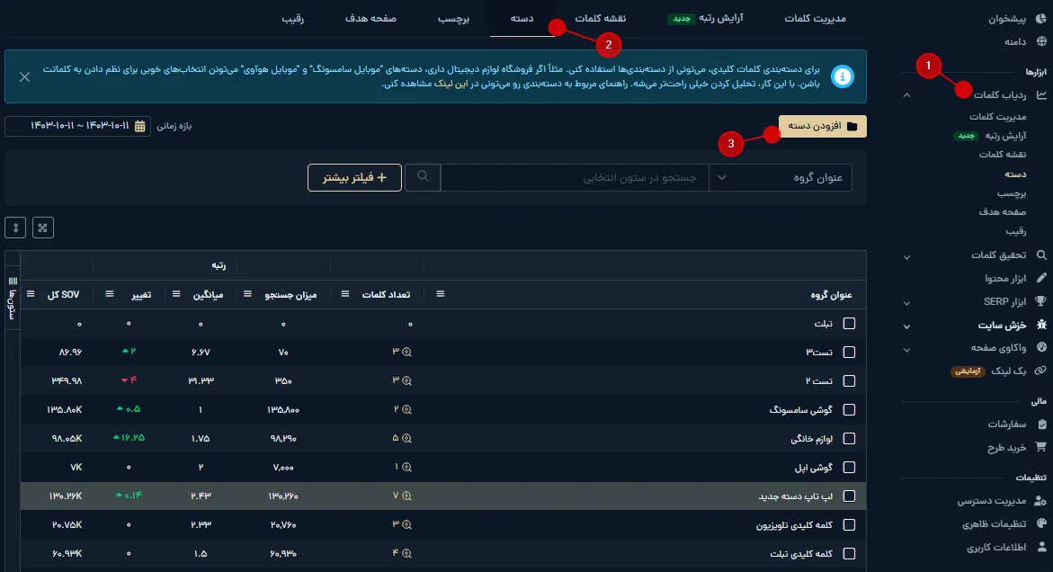 نحوه افزودن و ساخت دسته جدید در ردیاب کلمات میزفا تولز