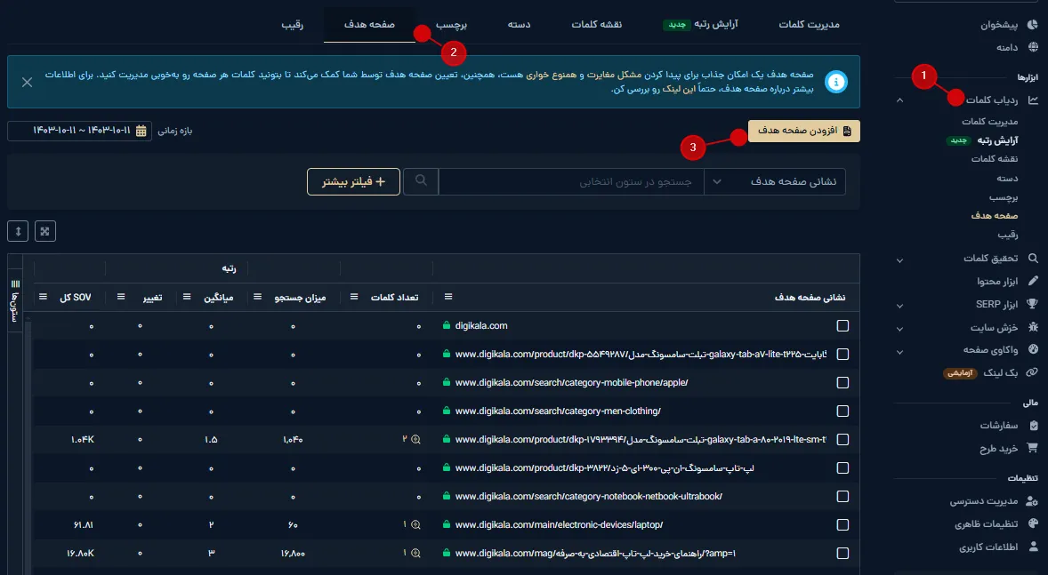 محیط تب صفحه هدف در ابزار ردیاب کلمات میزفا تولز
