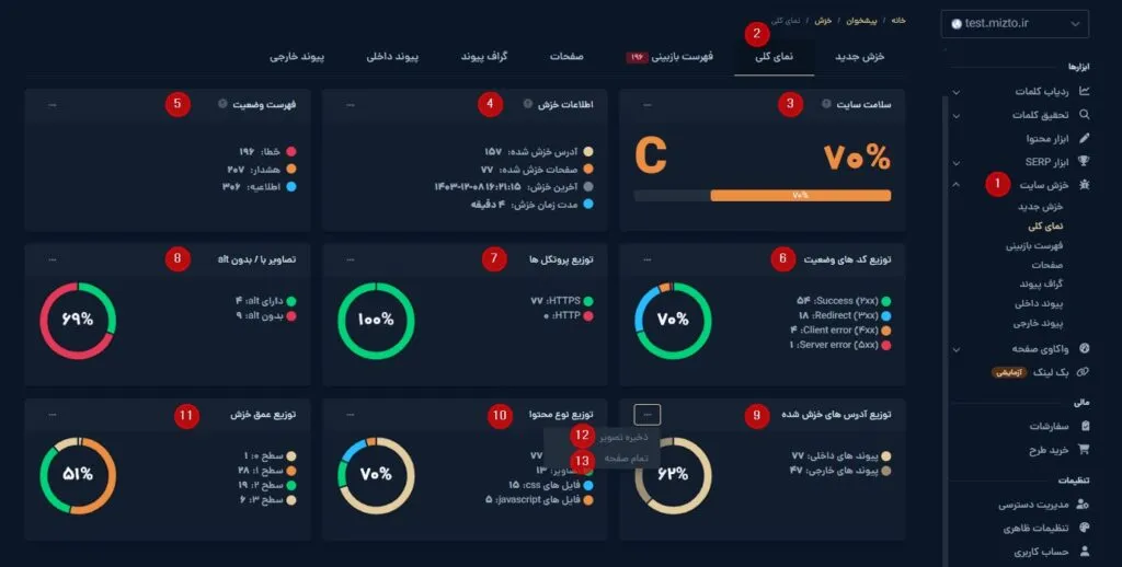 تب نمای کلی در ابزار خزش سایت میزفا تولز