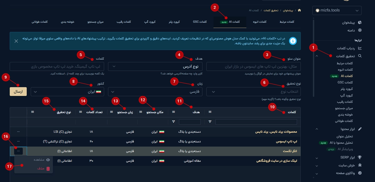 محیط تب کلمات AI و فرم ثبت درخواست استخراج هوشمند کلمات در میزفا تولز