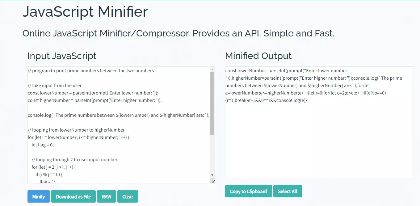 Toptal JavaScript Minifier هنگام کوچک کردن کد جاوا اسکریپت
