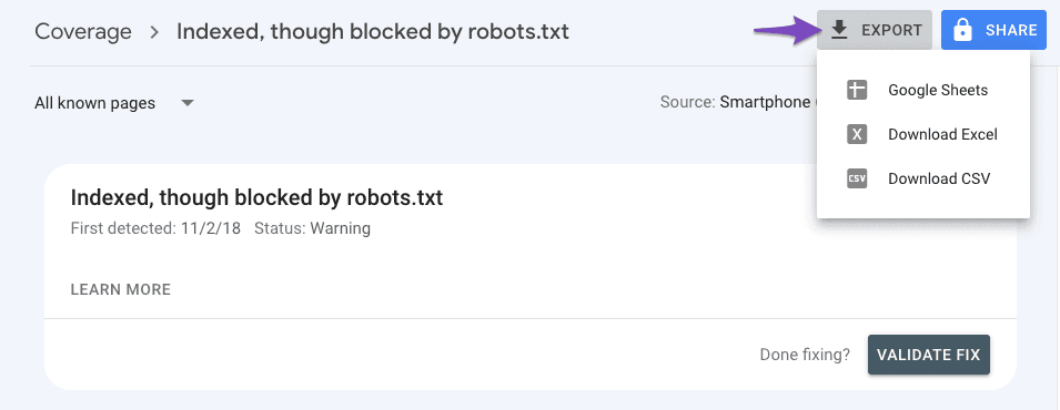 خروجی گرفتن از صفحات دارای خطای indexed though blocked by robots.txt