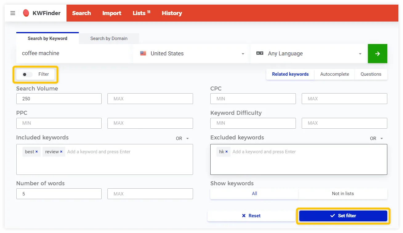 فیلتر بخش کلمات کلیدی در ابزار kwfinder