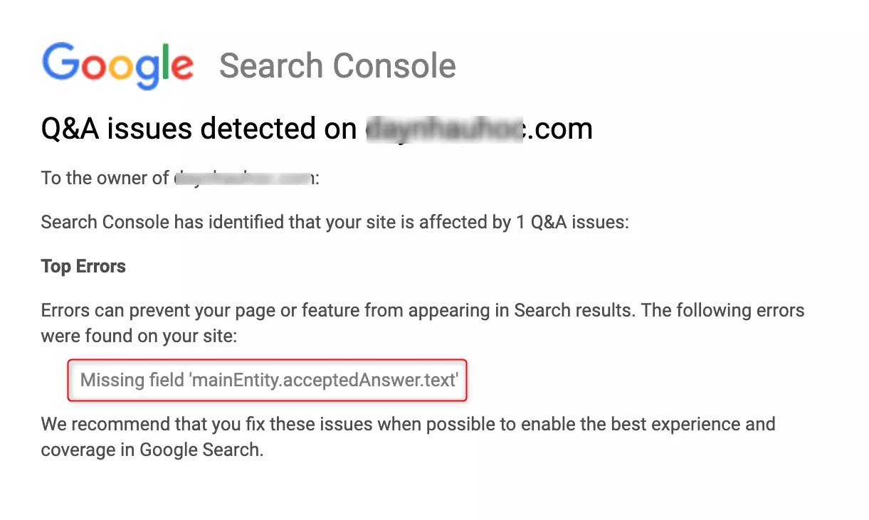 خطای missing field "text" (in "mainEntity.acceptedAnswer") در گوگل سرچ کنسول